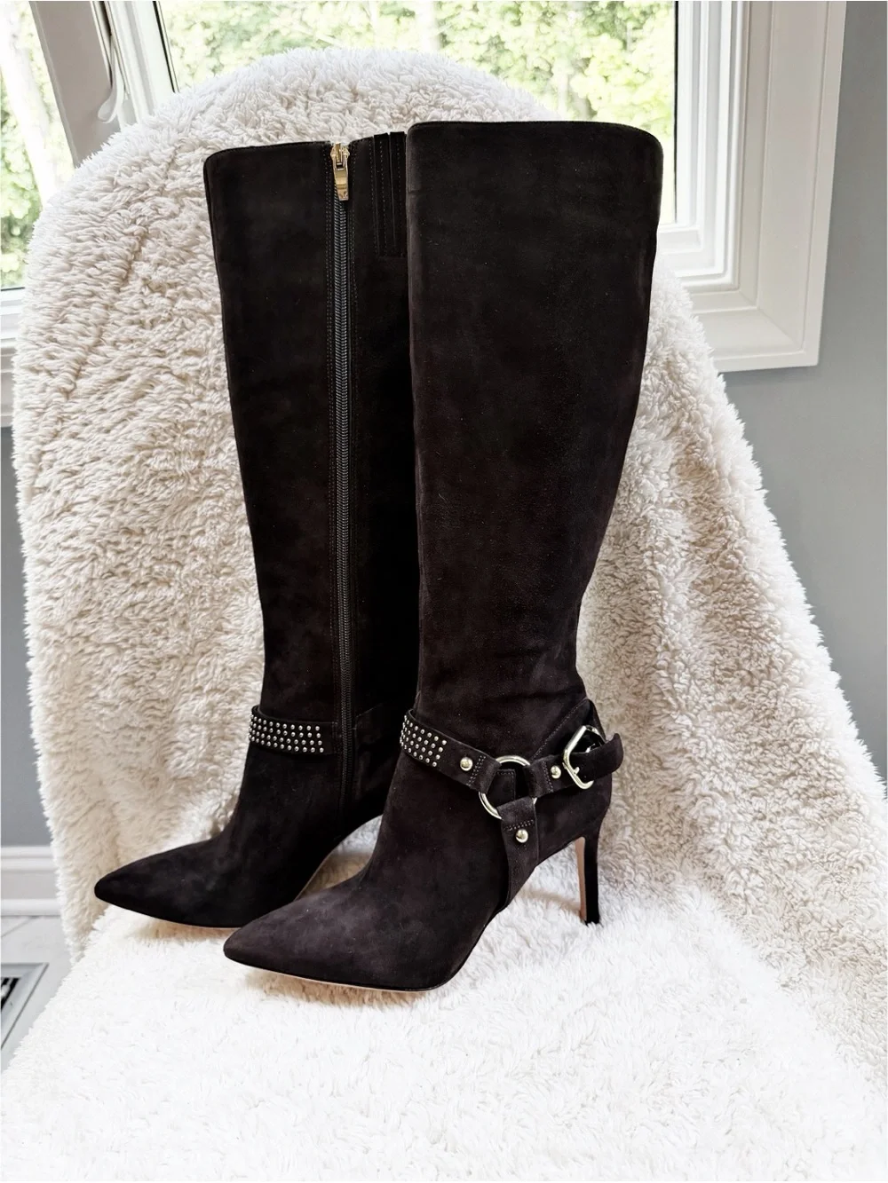 NWOT Chocolate Brown Suede Knee-High Stiletto Boots with Gold Accents